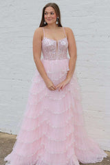 Straps Pink Prom Dress Sequin Tiered Prom Gown Evening Dress