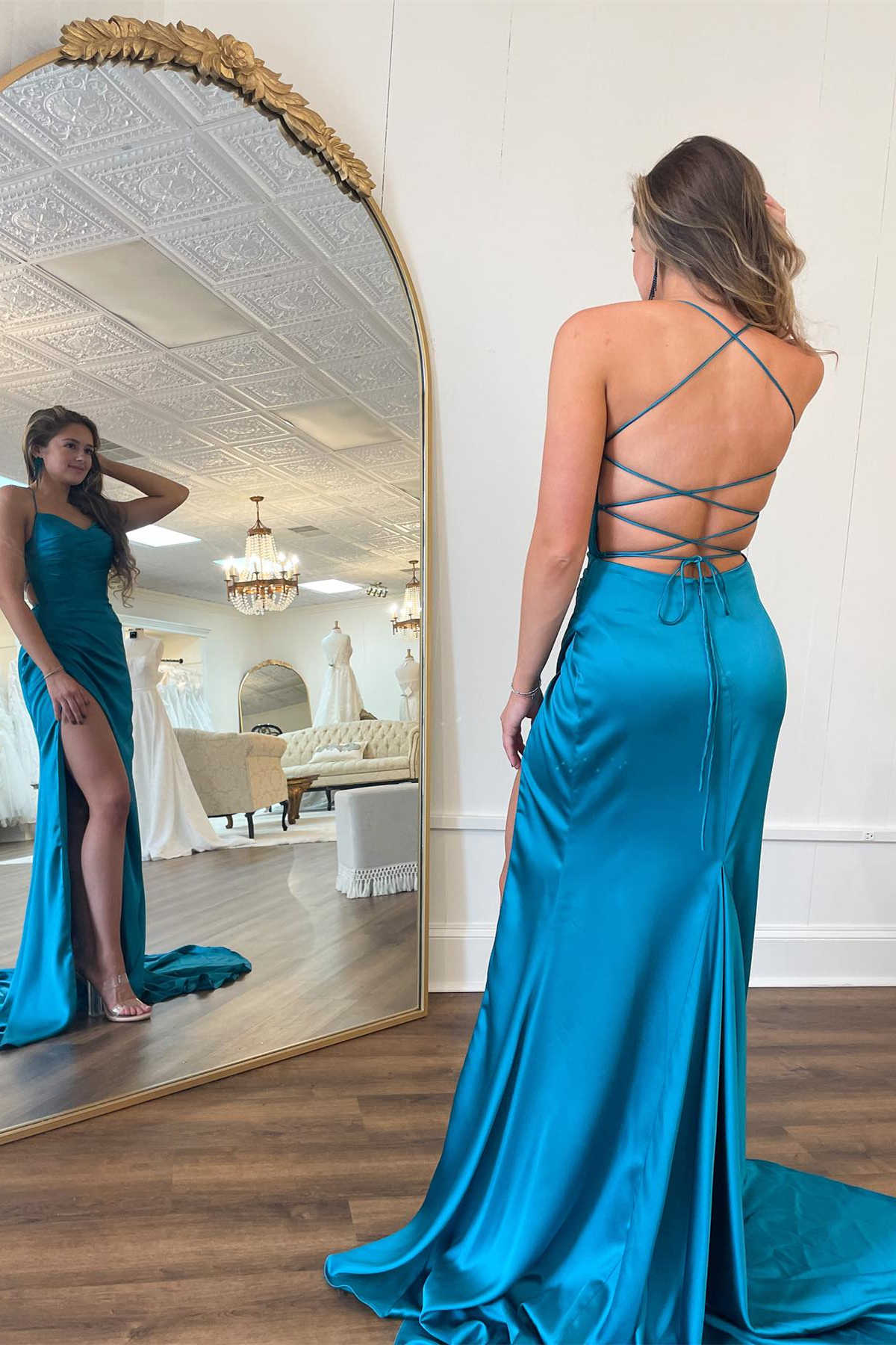 Straps Prom Dress Teal V Neck Ruched Long Evening Dress