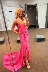 Straps Prom Dress V Neck Satin Mermaid Evening Dress with Bow