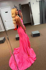 Straps Prom Dress V Neck Satin Mermaid Evening Dress with Bow