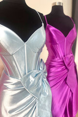 Straps Prom Dress V Neck Satin Mermaid Evening Dress with Bow