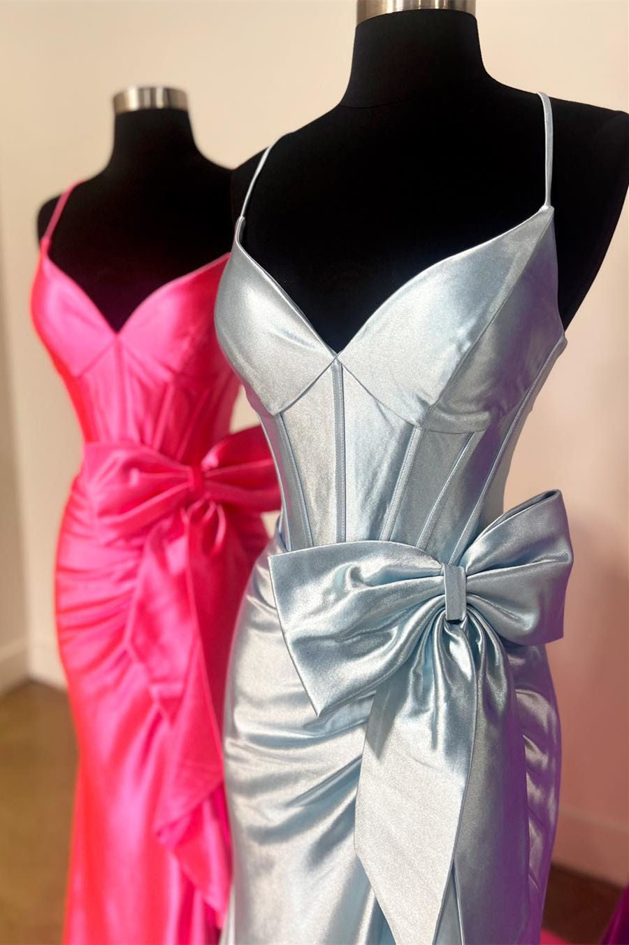Straps Prom Dress V Neck Satin Mermaid Evening Dress with Bow