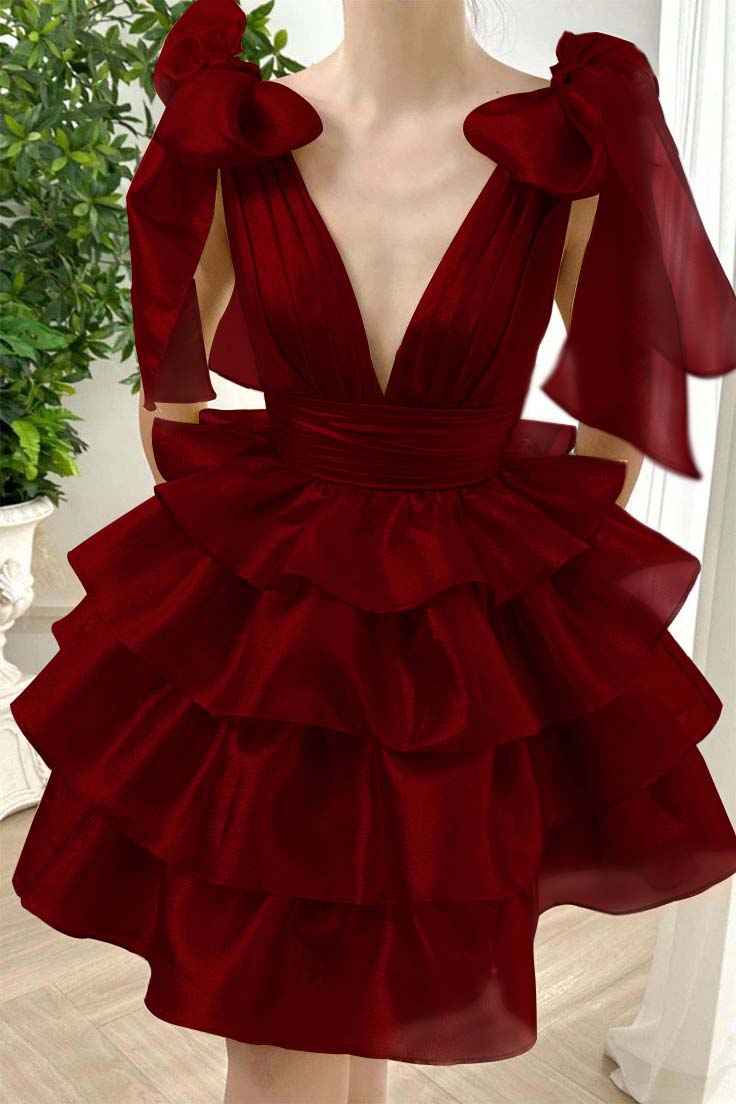Straps V Neck Homecoming Dress Sleeveless Short Cocktail Dress With Ruffles
