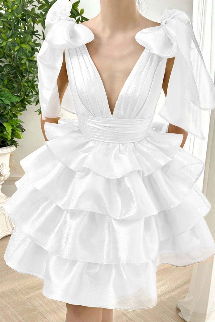 Straps V Neck Homecoming Dress Sleeveless Short Cocktail Dress With Ruffles