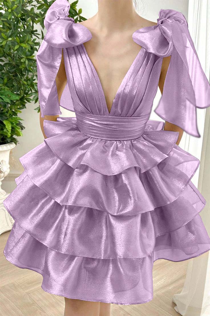 Straps V Neck Homecoming Dress Sleeveless Short Cocktail Dress With Ruffles