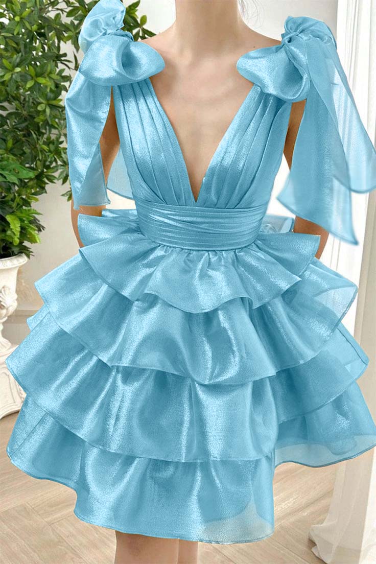 Straps V Neck Homecoming Dress Sleeveless Short Cocktail Dress With Ruffles
