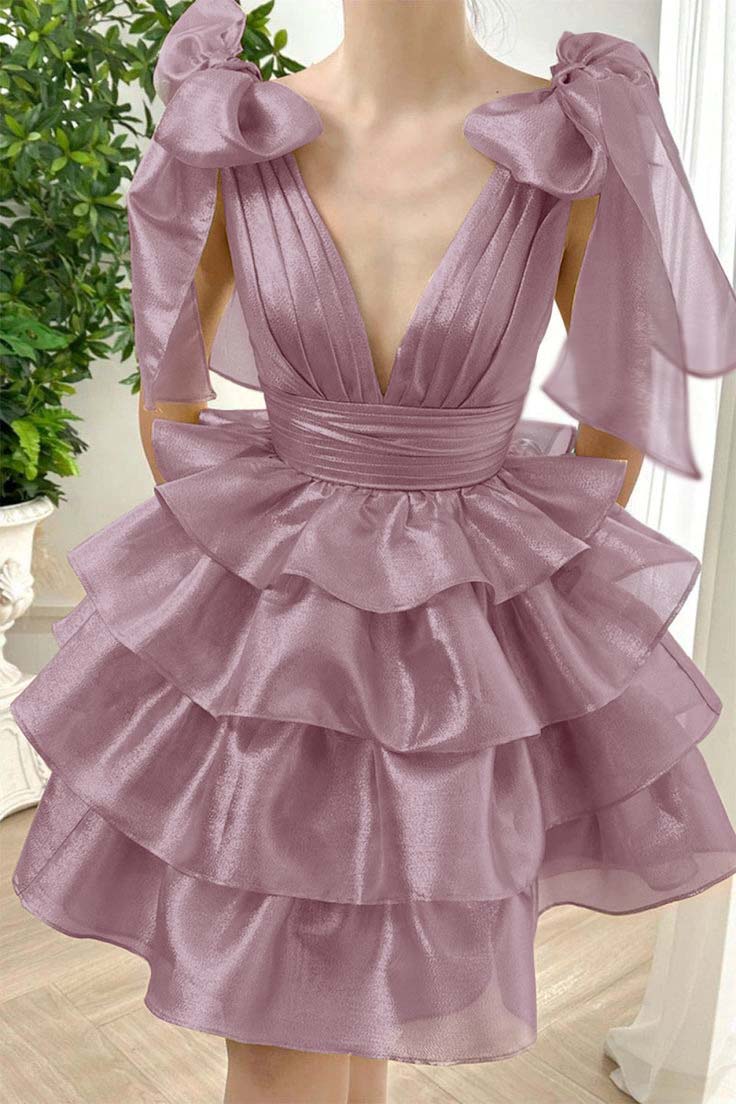 Straps V Neck Homecoming Dress Sleeveless Short Cocktail Dress With Ruffles