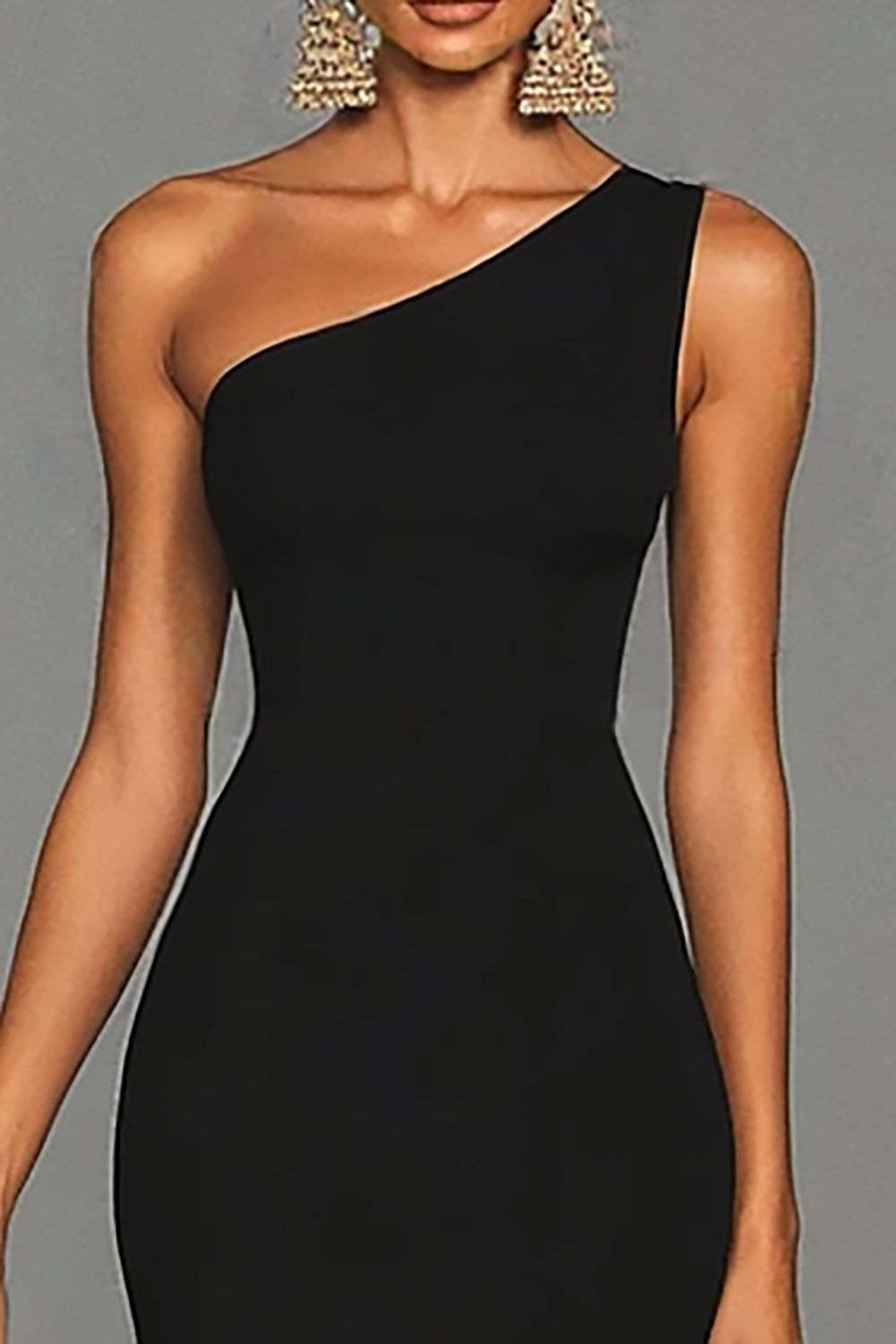 Dressystars Stunning Black Mermaid One Shoulder Long Satin Prom Dress With Slit
