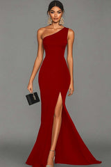 Dressystars Stunning Black Mermaid One Shoulder Long Satin Prom Dress With Slit
