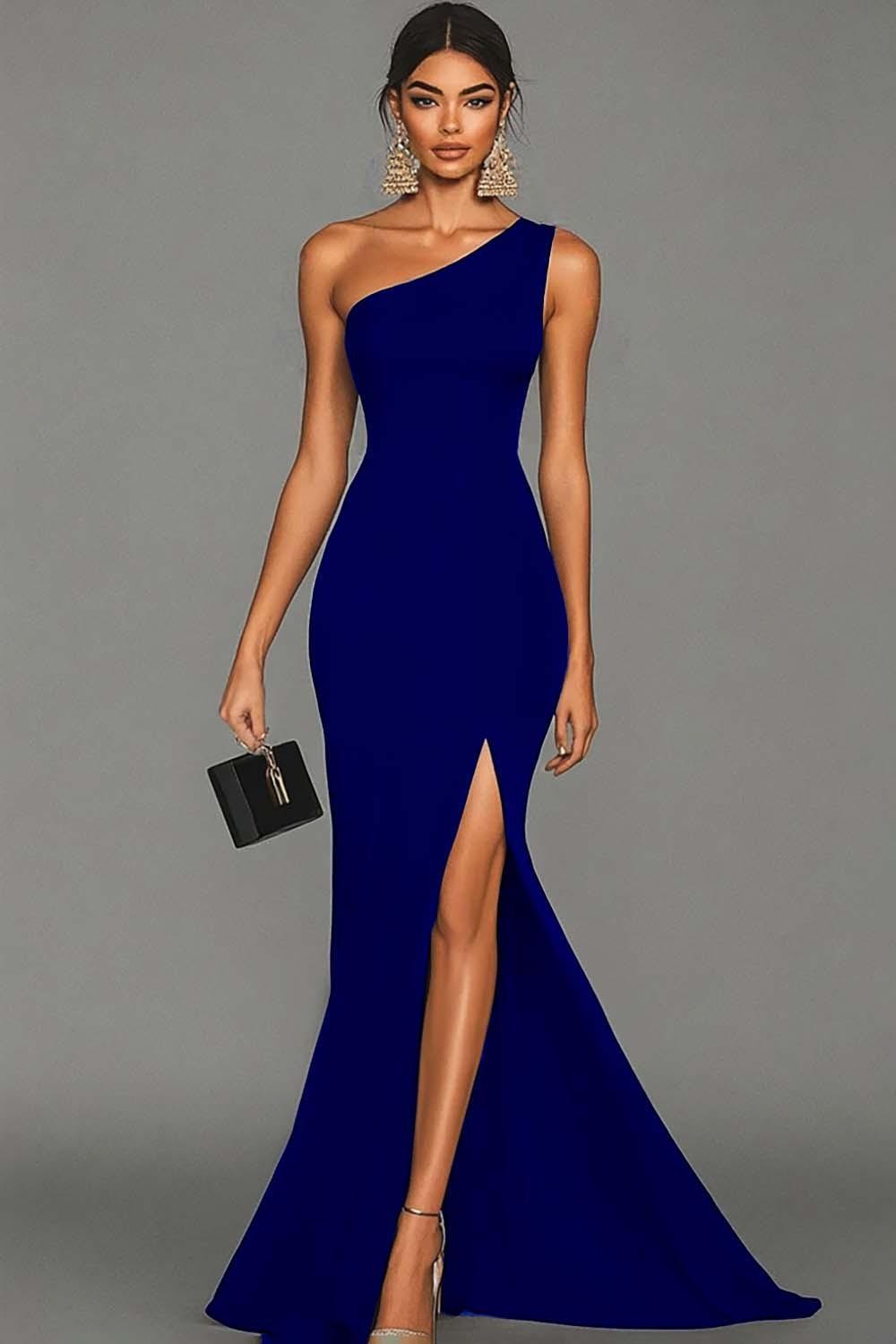 Dressystars Stunning Black Mermaid One Shoulder Long Satin Prom Dress With Slit