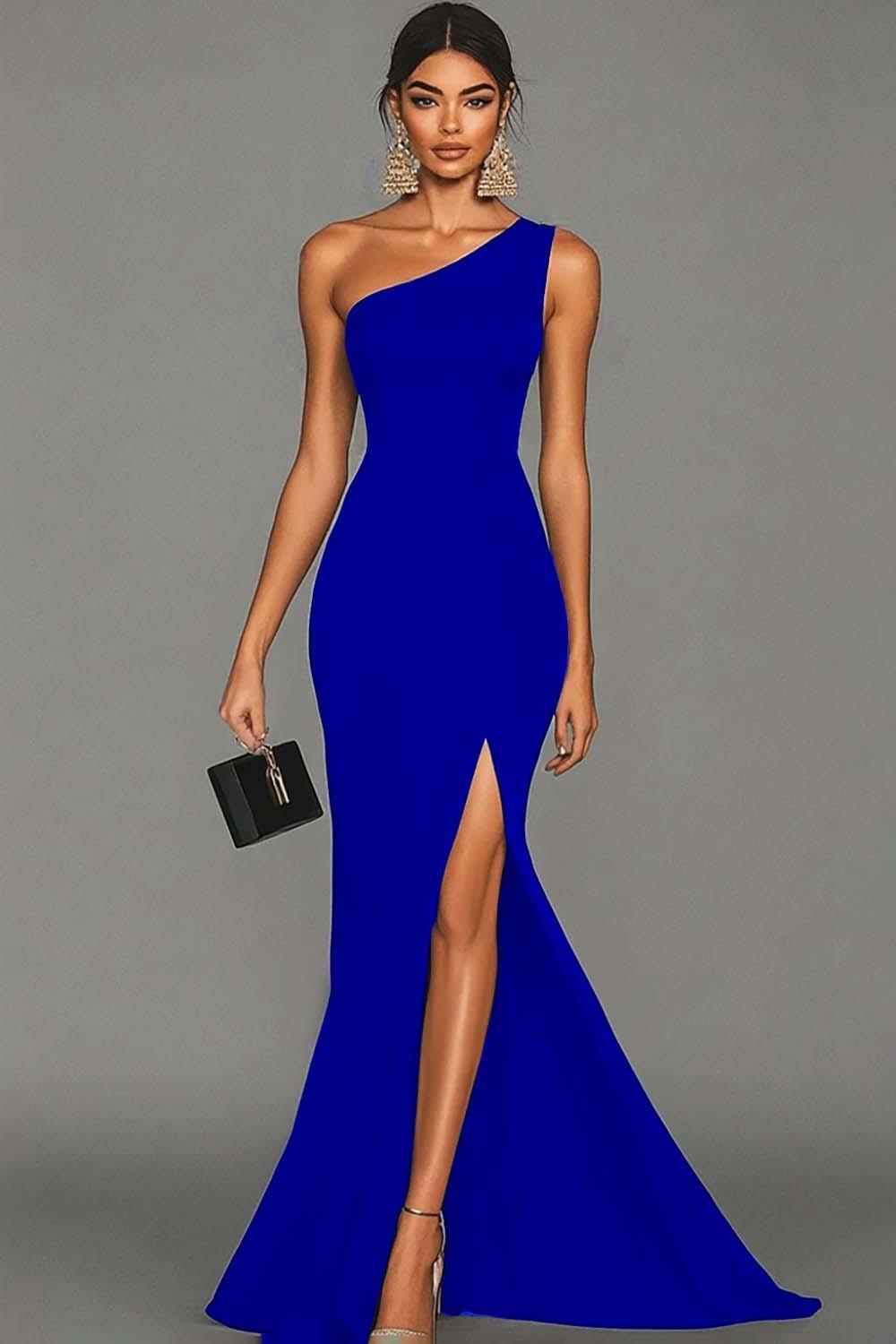 Dressystars Stunning Black Mermaid One Shoulder Long Satin Prom Dress With Slit