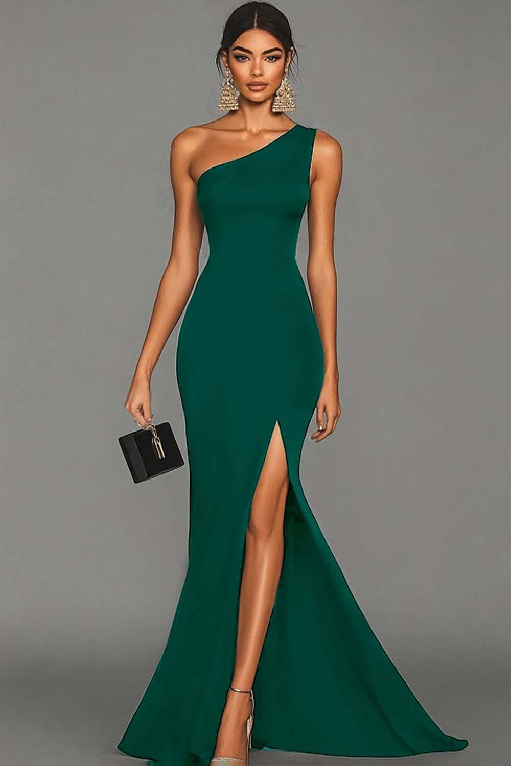 Dressystars Stunning Black Mermaid One Shoulder Long Satin Prom Dress With Slit