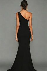 Dressystars Stunning Black Mermaid One Shoulder Long Satin Prom Dress With Slit