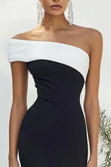 Dressystars Stunning Black White One Shoulder Long Satin Prom Dress