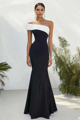Dressystars Stunning Black White One Shoulder Long Satin Prom Dress