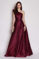 Dressystars Stunning Burgundy One Shoulder A Line Long Satin Prom Dress