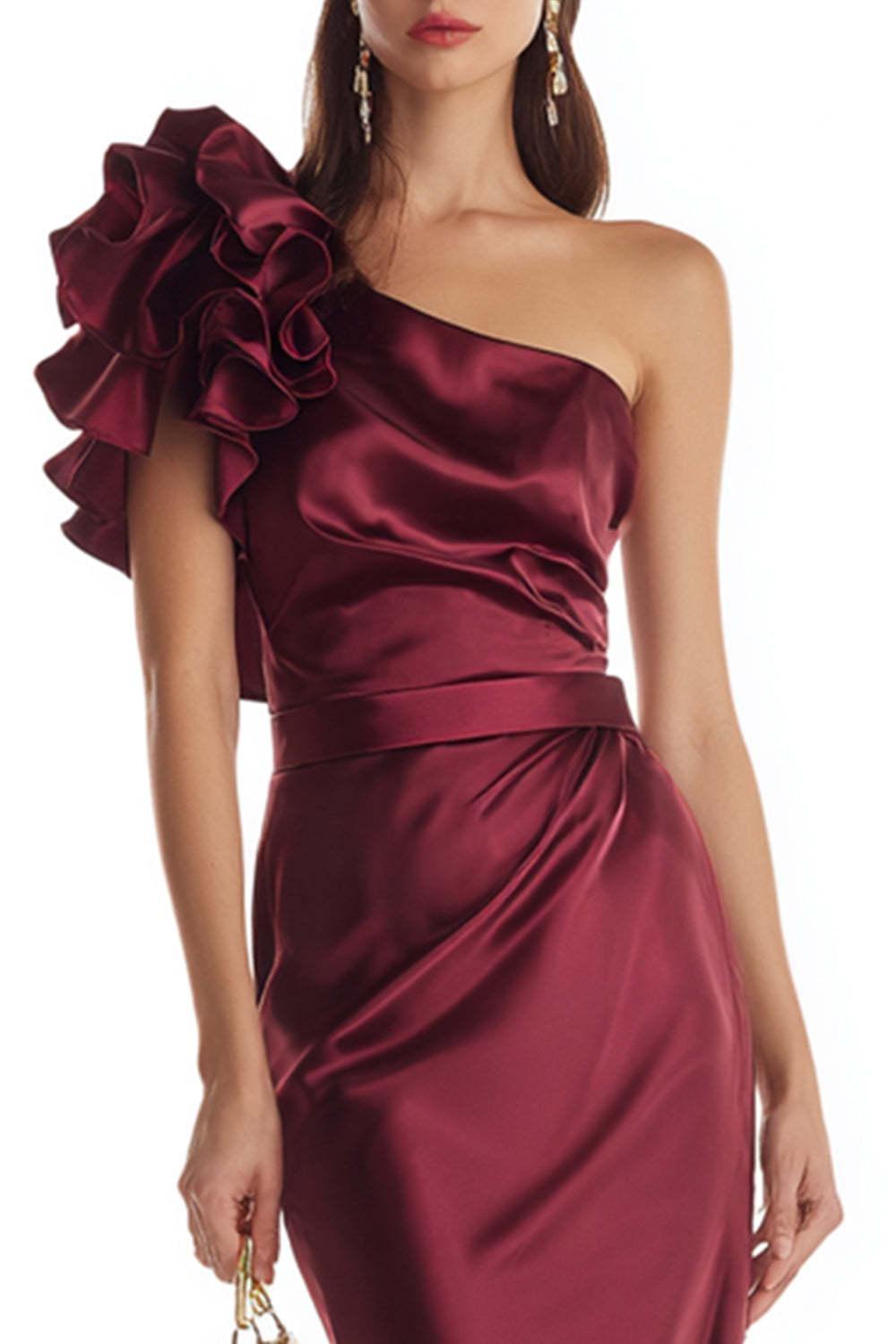 Dressystars Stunning Burgundy One Shoulder Mermaid Long Satin Prom Dress With 3D Flower