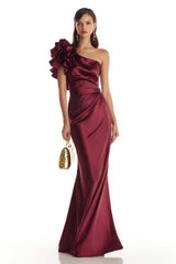 Dressystars Stunning Burgundy One Shoulder Mermaid Long Satin Prom Dress With 3D Flower