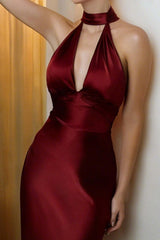 Dressystars Stunning Burgundy Sheath Halter Long Satin Prom Dress