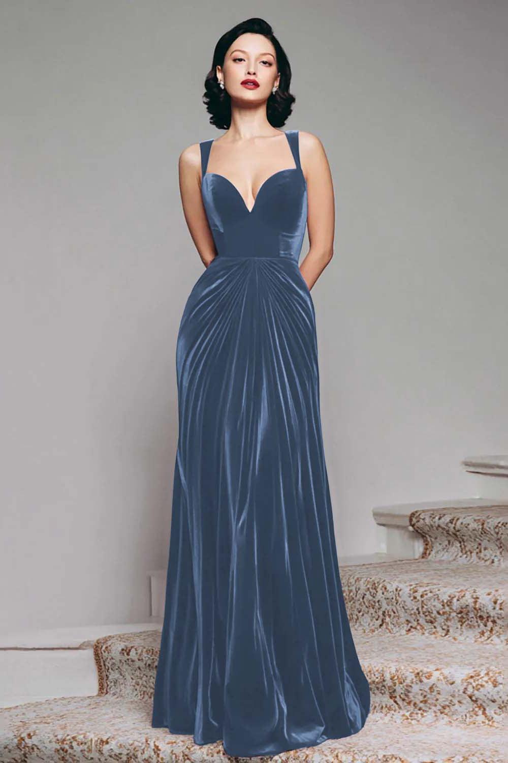 Dressystars Stunning Burgundy Velvet Mermaid Thick Straps Long Prom Dress