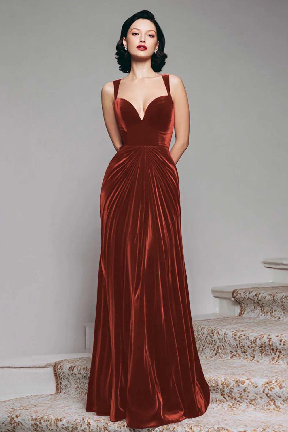 Dressystars Stunning Burgundy Velvet Mermaid Thick Straps Long Prom Dress