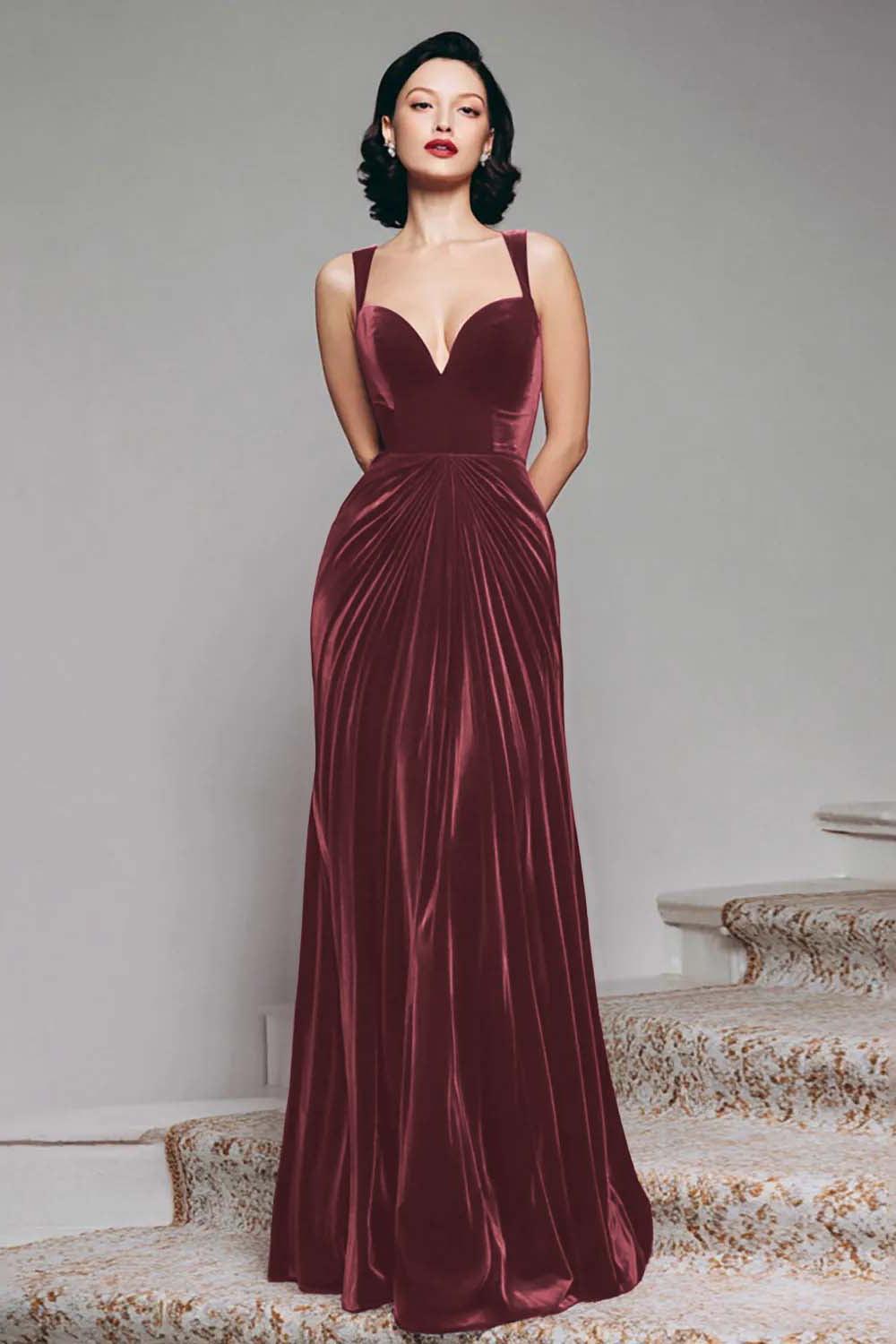 Dressystars Stunning Burgundy Velvet Mermaid Thick Straps Long Prom Dress