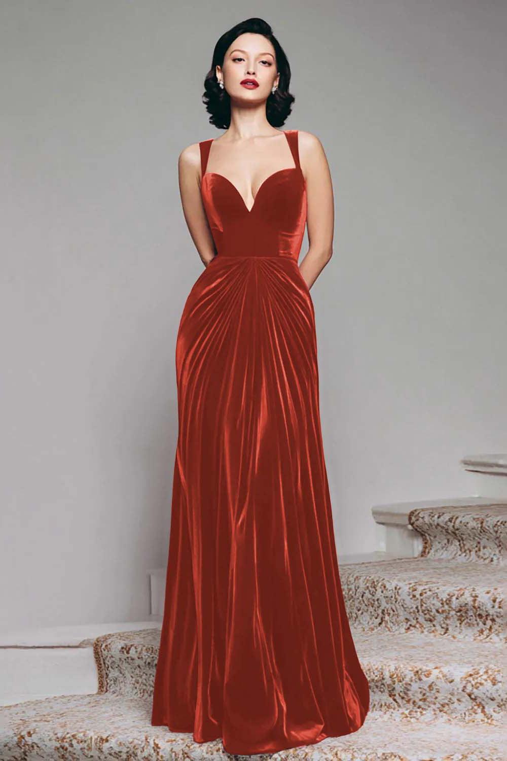 Dressystars Stunning Burgundy Velvet Mermaid Thick Straps Long Prom Dress