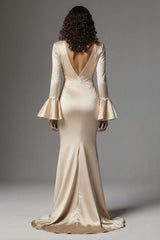 Dressystars Stunning Champagne Satin Mermaid Flare Sleeves Long Evening Dress With Slit