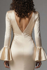 Dressystars Stunning Champagne Satin Mermaid Flare Sleeves Long Evening Dress With Slit