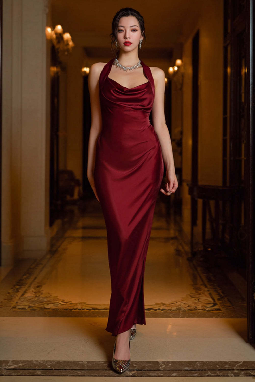 Dressystars Stunning Dark Green Halter Sheath Long Satin Prom Dress