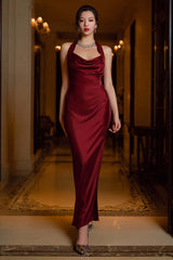 Dressystars Stunning Dark Green Halter Sheath Long Satin Prom Dress