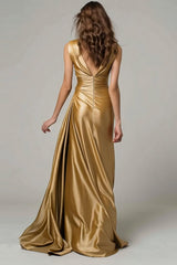 Dressystars Stunning Gold V-Neck Ruched Mermaid Long Prom Dress
