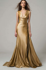 Dressystars Stunning Gold V-Neck Ruched Mermaid Long Prom Dress