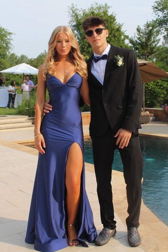 Stunning Mermaid Spaghetti Straps Navy Blue Long Prom Dress With Split Front Formal Evening Gown
