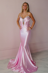 Stunning Mermaid Spaghetti Straps Pink Corset Prom Dress With Keyhole Beading Formal Evening Gown