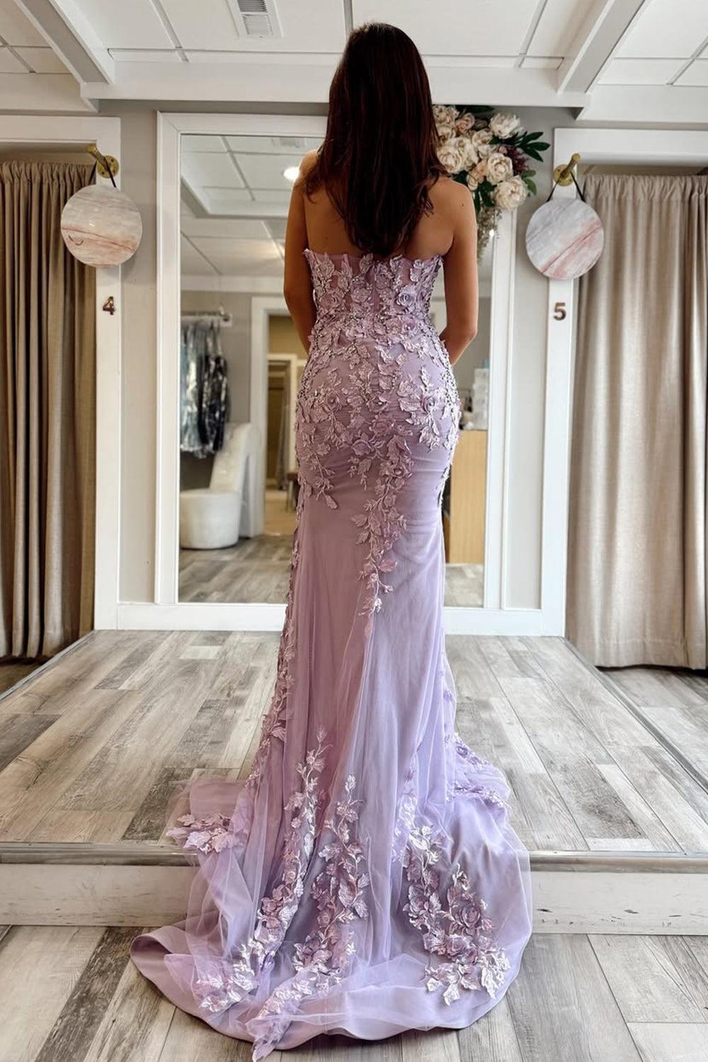 Mermaid Style Lilac Gown With Embroidery And Front Slit Prom Dress Formal Evening Gown