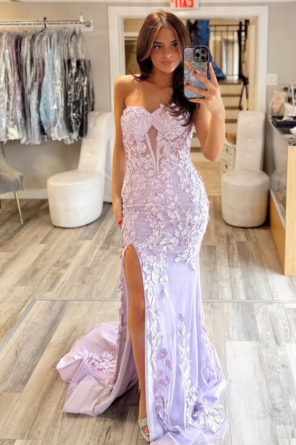Mermaid Style Lilac Gown With Embroidery And Front Slit Prom Dress Formal Evening Gown