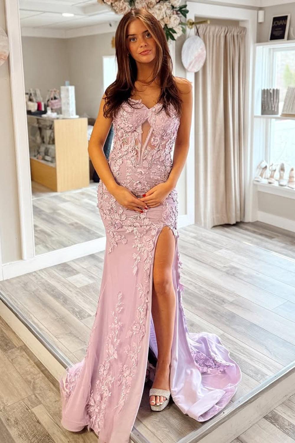 Mermaid Style Lilac Gown With Embroidery And Front Slit Prom Dress Formal Evening Gown