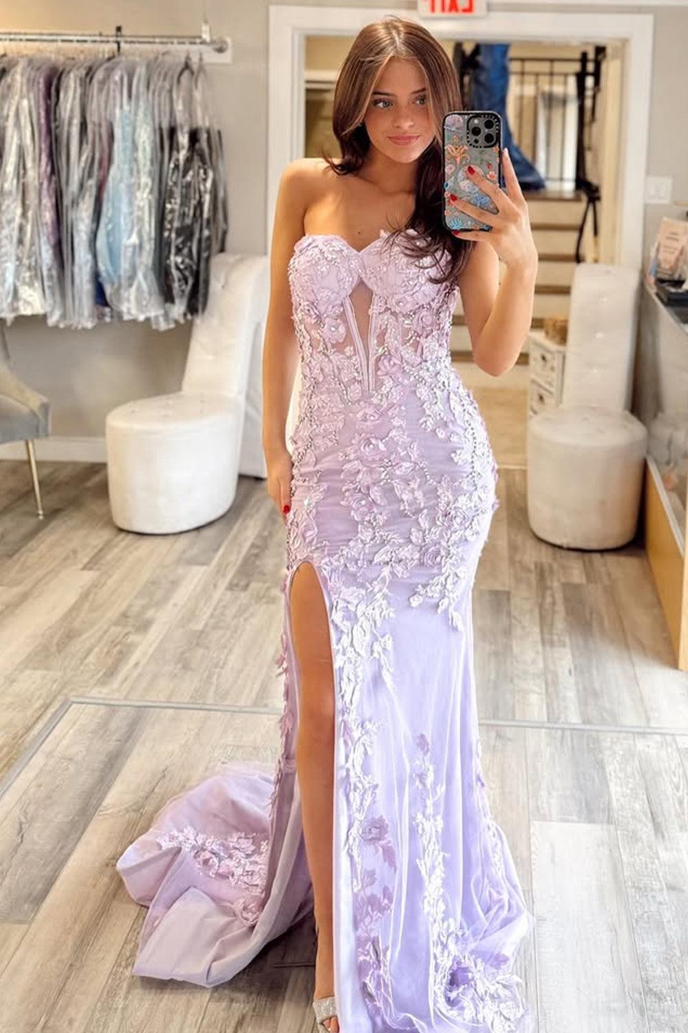 Mermaid Style Lilac Gown With Embroidery And Front Slit Prom Dress Formal Evening Gown