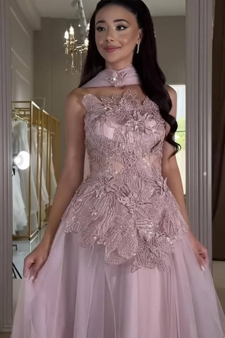 Stunning Pink Prom Dress Beaded Lace Appliqued Corset Tulle Formal Dress with Watteau Train