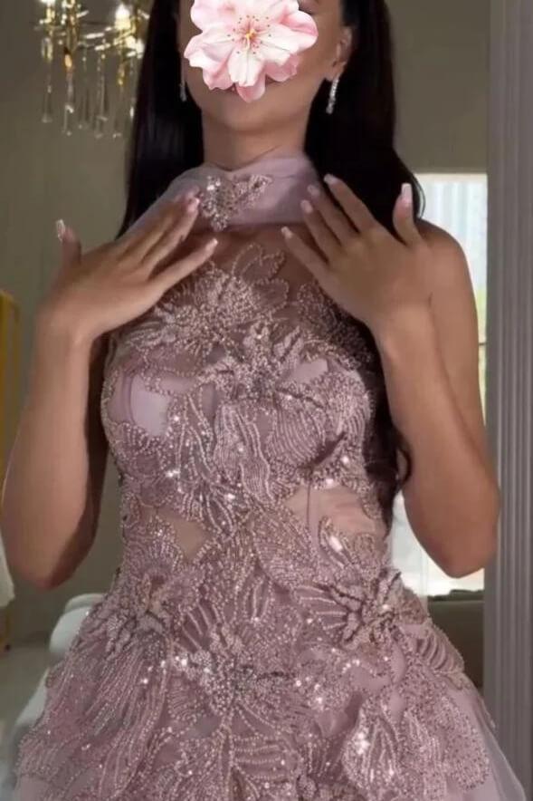 Stunning Pink Prom Dress Beaded Lace Appliqued Corset Tulle Formal Dress with Watteau Train