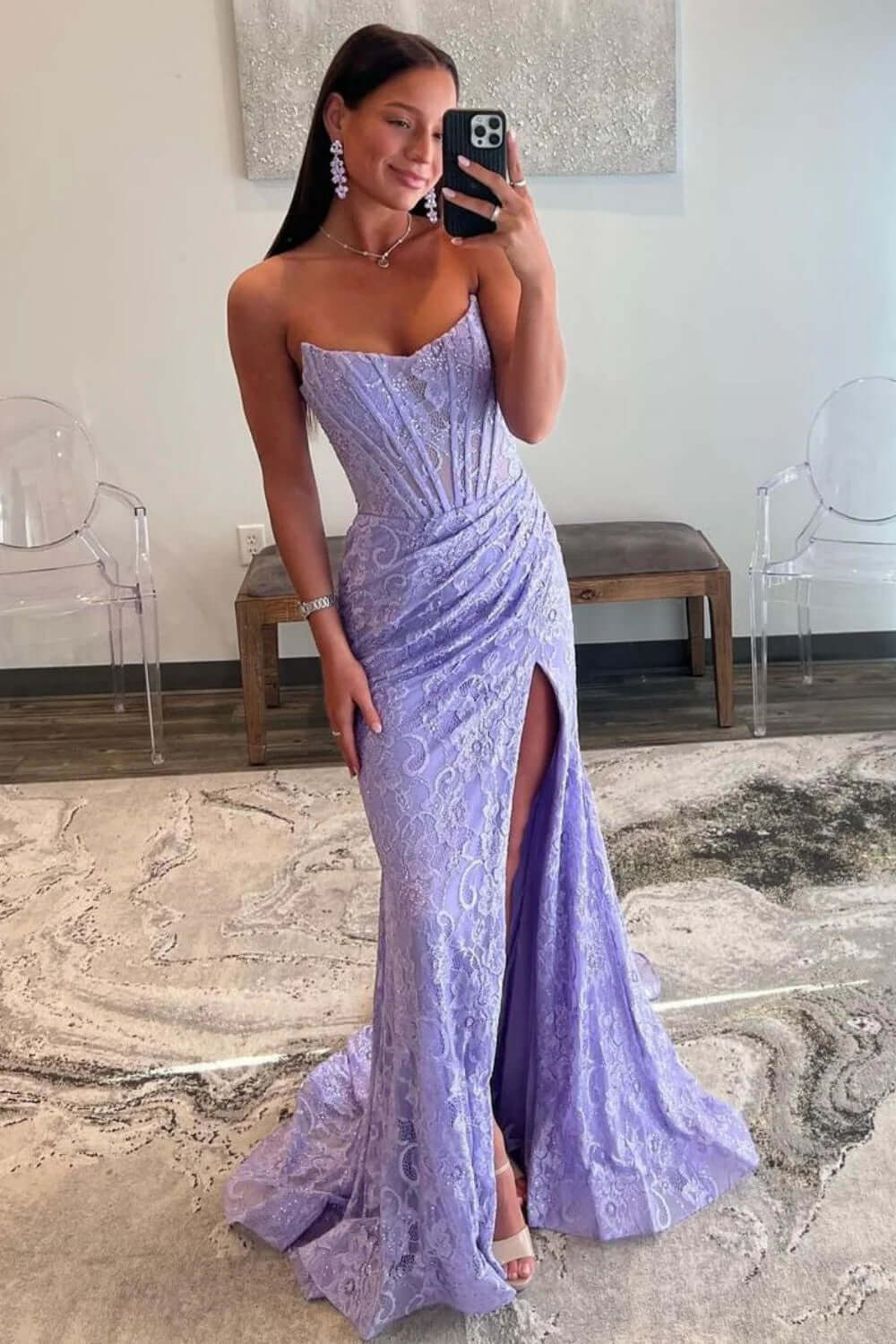 Mermaid Hot Pink Prom Dress Strapless Corset Evening Dress with Appliques