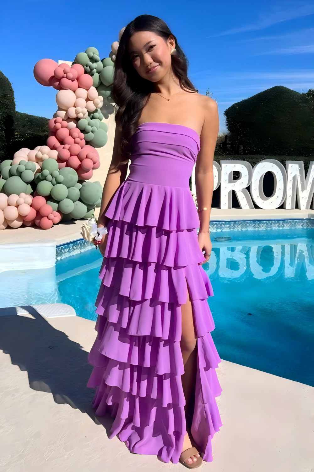 Dressystars Stylish A Line Strapless Purple Long Prom Dress With Ruffles Split Front Formal Evening Gown