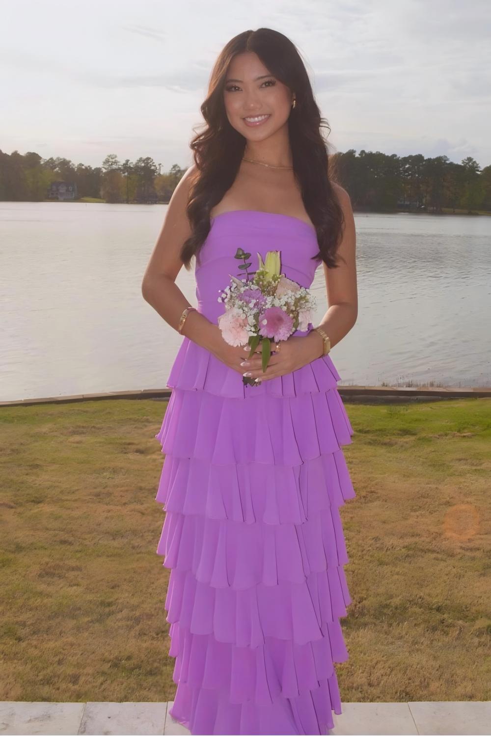 Dressystars Stylish A Line Strapless Purple Long Prom Dress With Ruffles Split Front Formal Evening Gown