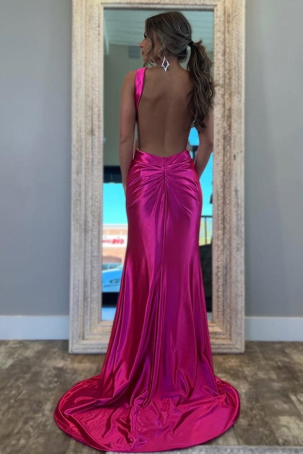 Fuchsia Metallic Mermaid Prom Dress With Slit And Open Back Formal Evening Gown