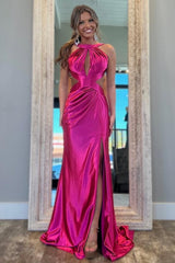 Fuchsia Metallic Mermaid Prom Dress With Slit And Open Back Formal Evening Gown