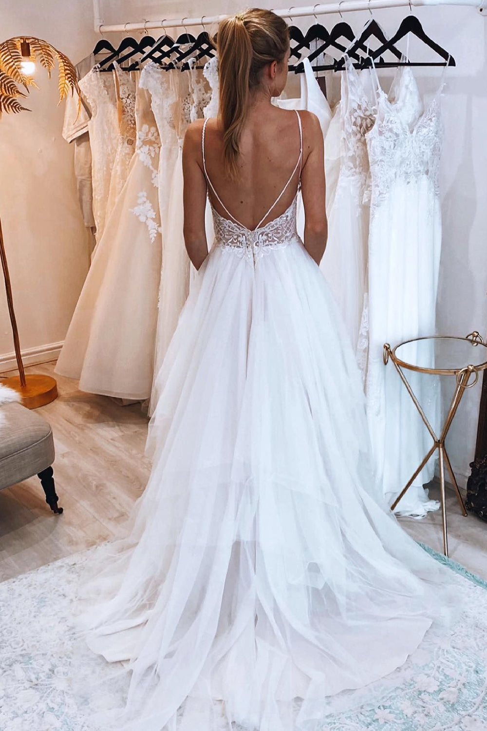 Stylish Ivory A-Line Backless Asymmetrical Tulle Long Wedding Dress with Lace