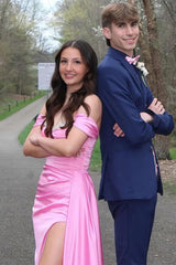 Mermaid Off The Shoulder Pink Long Prom Dress With Split Front Beading Formal Evening Gown