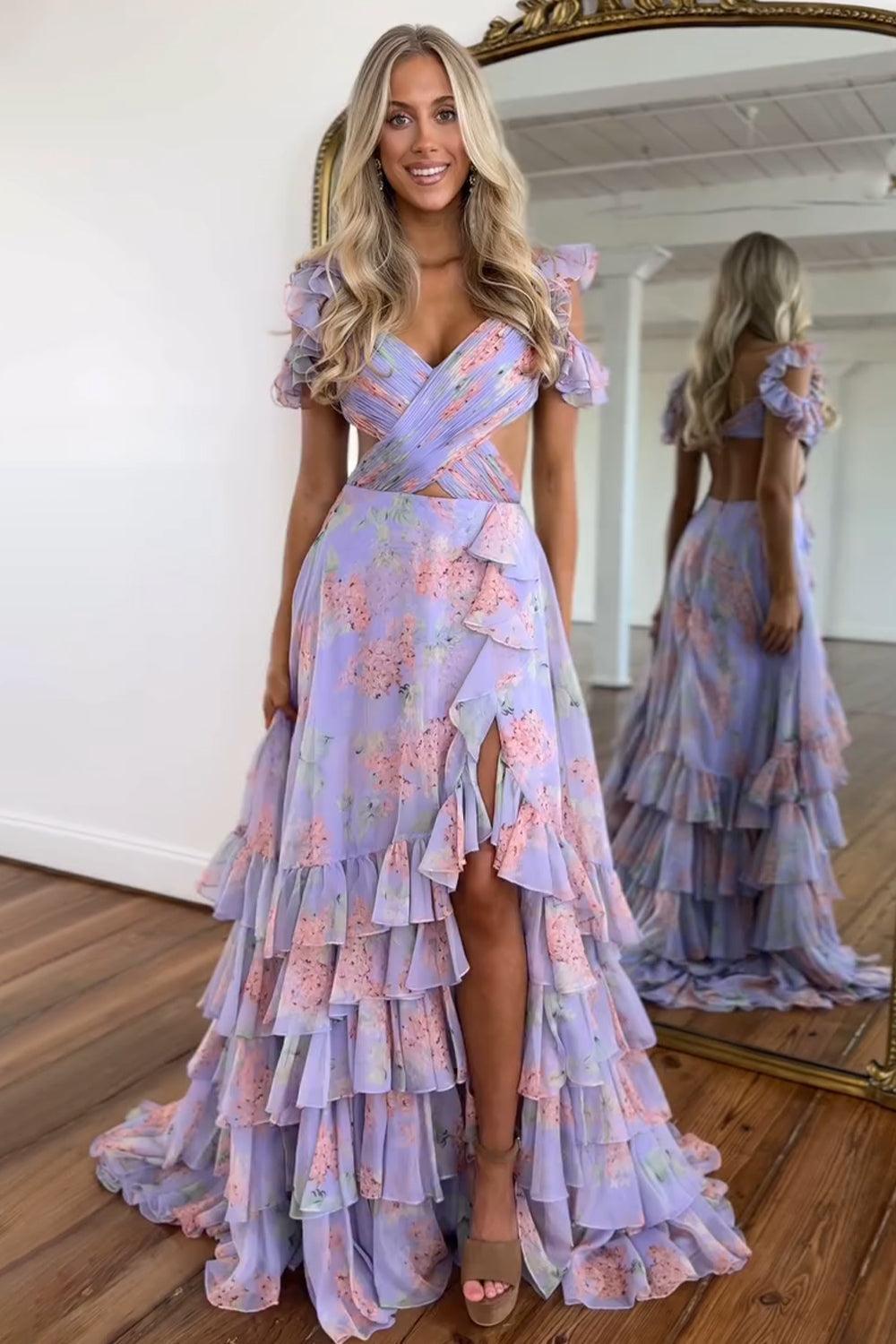 Purple Print A Line Off The Shoulder Long Layered Prom Dress With Slit Formal Evening Gown