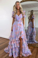 Purple Print A Line Off The Shoulder Long Layered Prom Dress With Slit Formal Evening Gown
